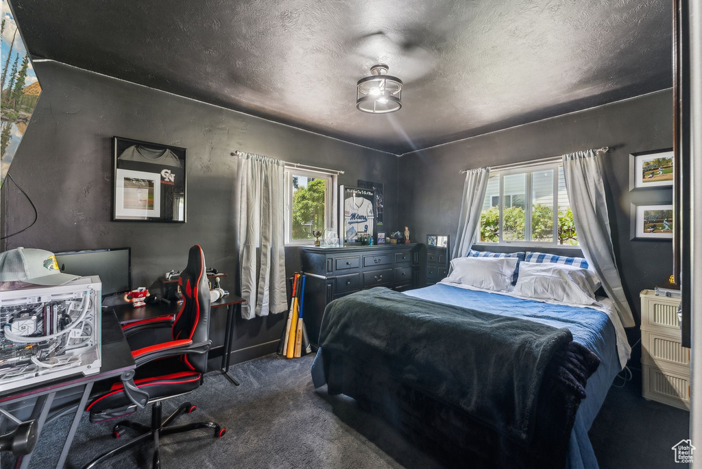 Bedroom featuring carpet and an office area