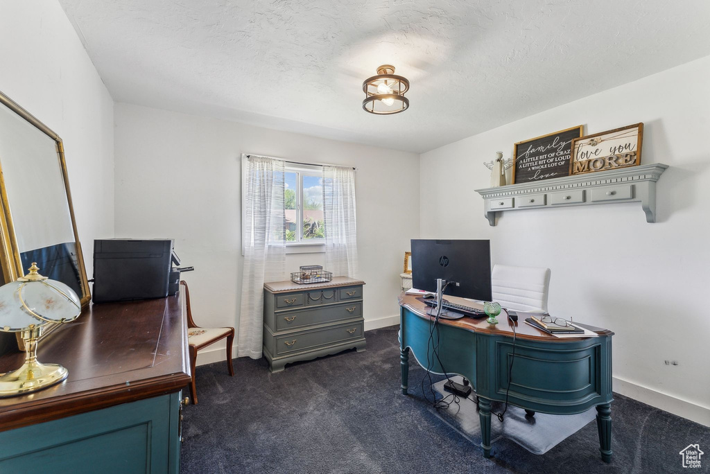 Home office with dark colored carpet, baseboards, and a textured ceiling