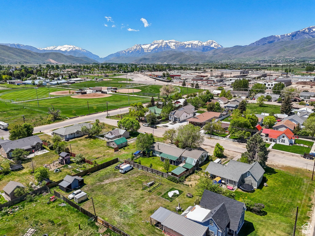 Aerial view of residential area with mountains