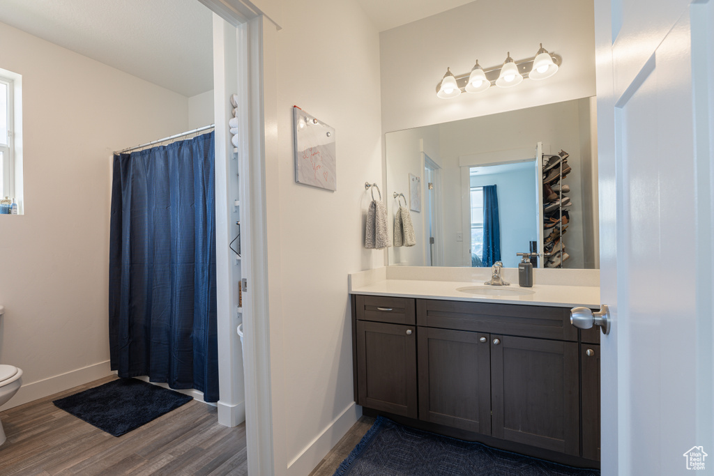 Full bathroom with toilet, wood finished floors, baseboards, and vanity