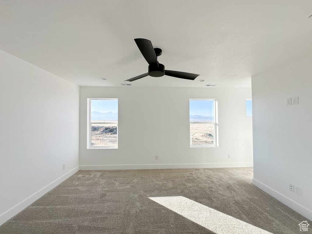 Spare room featuring plenty of natural light, carpet, and ceiling fan
