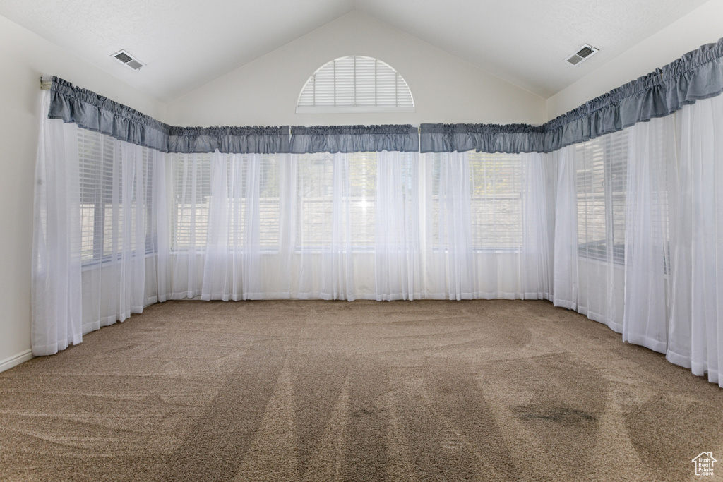 Empty room with carpet, vaulted ceiling, and plenty of natural light