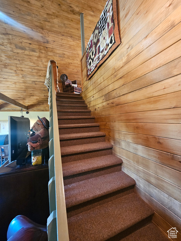 Staircase with wood walls