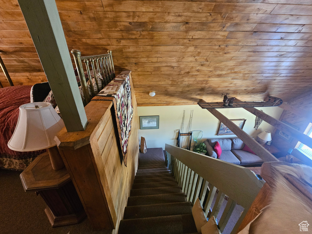 Stairs with wooden ceiling and carpet flooring