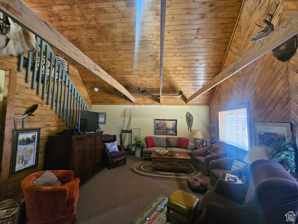 Living room with wood walls, carpet flooring, and wooden ceiling