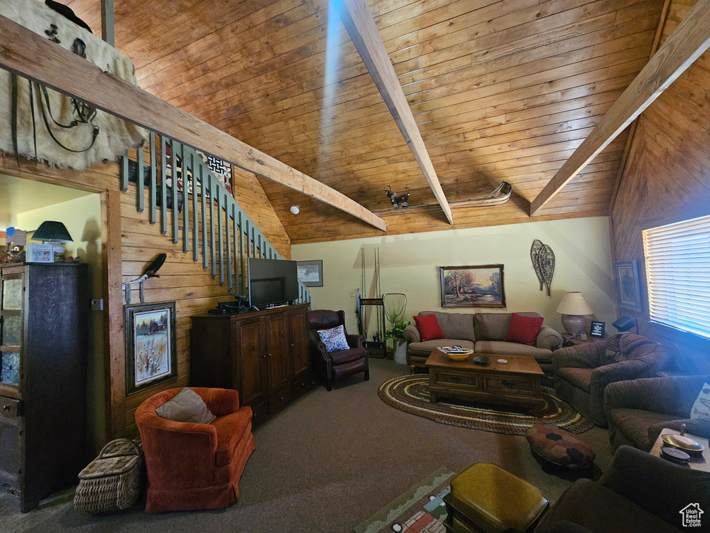Carpeted living area featuring wood ceiling and wood walls
