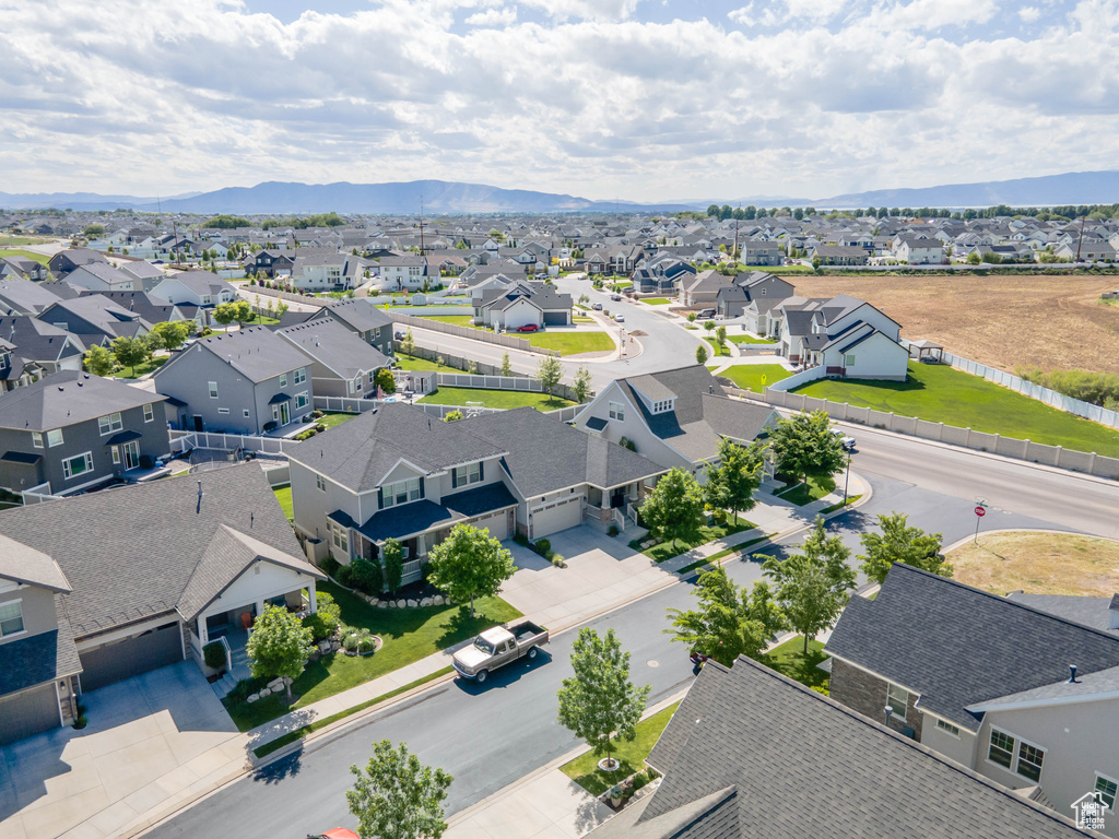 Aerial perspective of suburban area with mountains