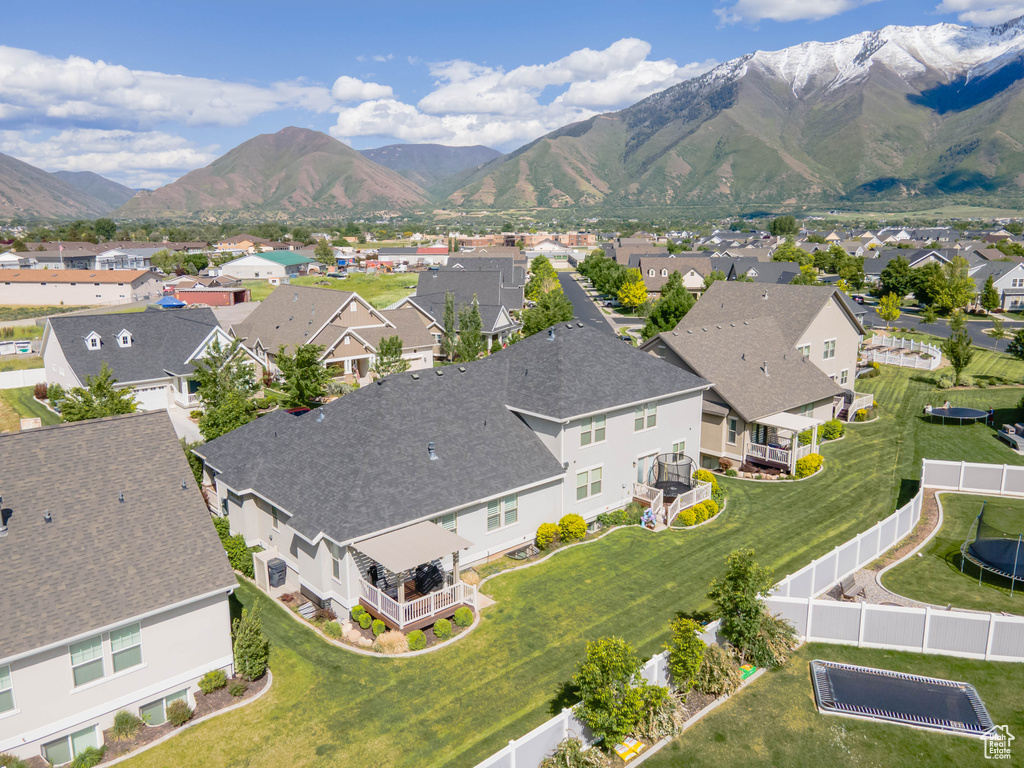 Aerial view of residential area with mountains