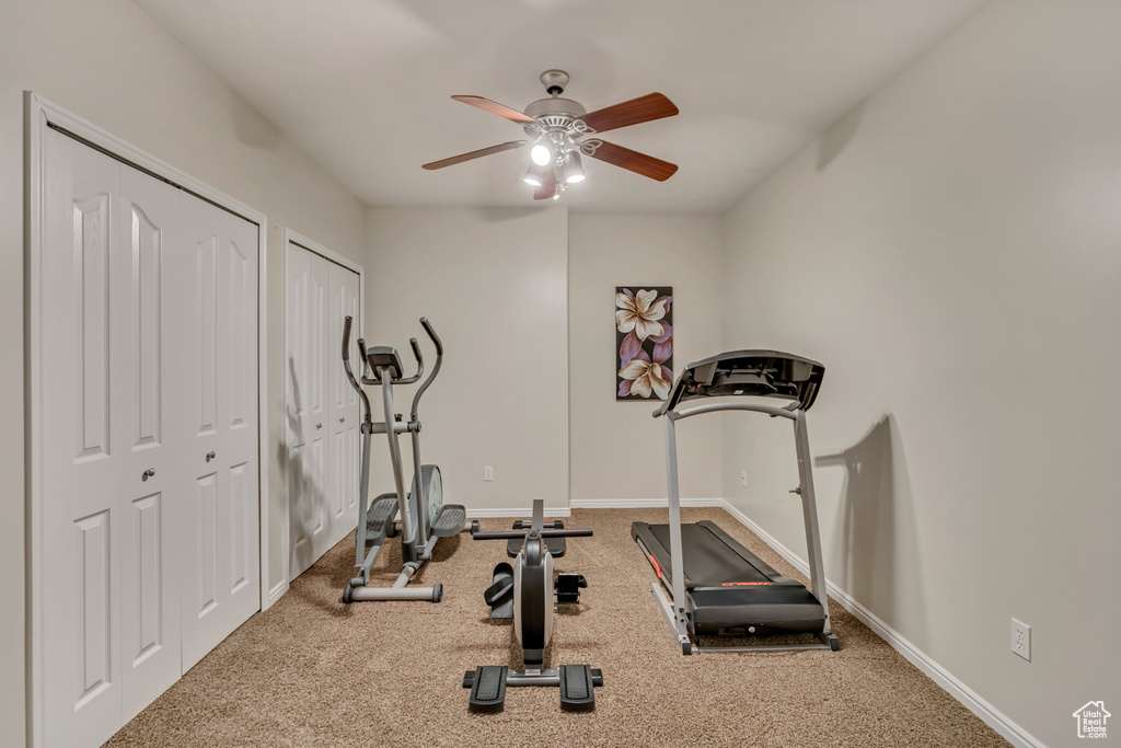 Exercise room with ceiling fan, carpet floors, and baseboards