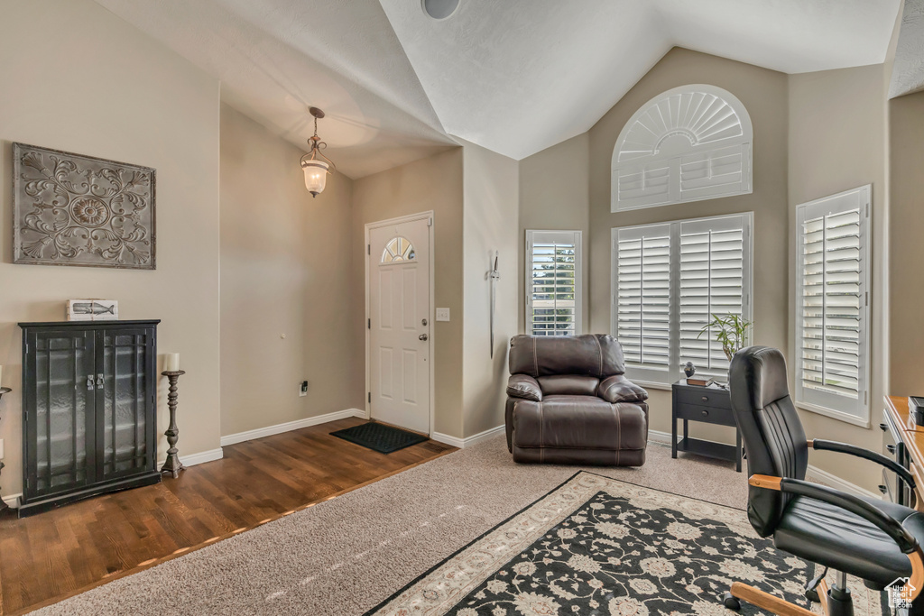 Office featuring baseboards, carpet floors, lofted ceiling, and wood finished floors