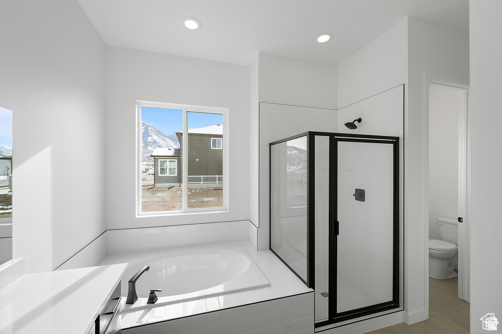 Bathroom featuring a shower stall, a bath, toilet, and recessed lighting