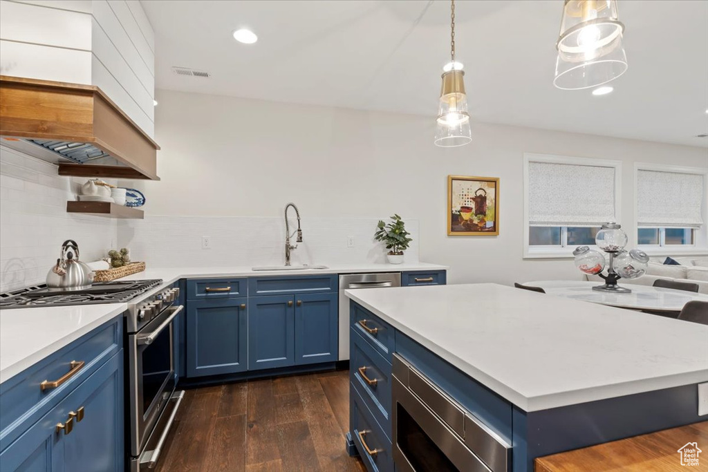 Kitchen with blue cabinets, a sink, stainless steel appliances, dark wood-style floors, and recessed lighting