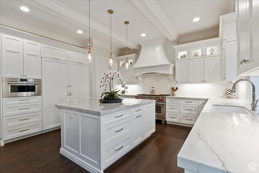 Kitchen featuring custom range hood, stainless steel appliances, a sink, ornamental molding, and dark wood-style flooring