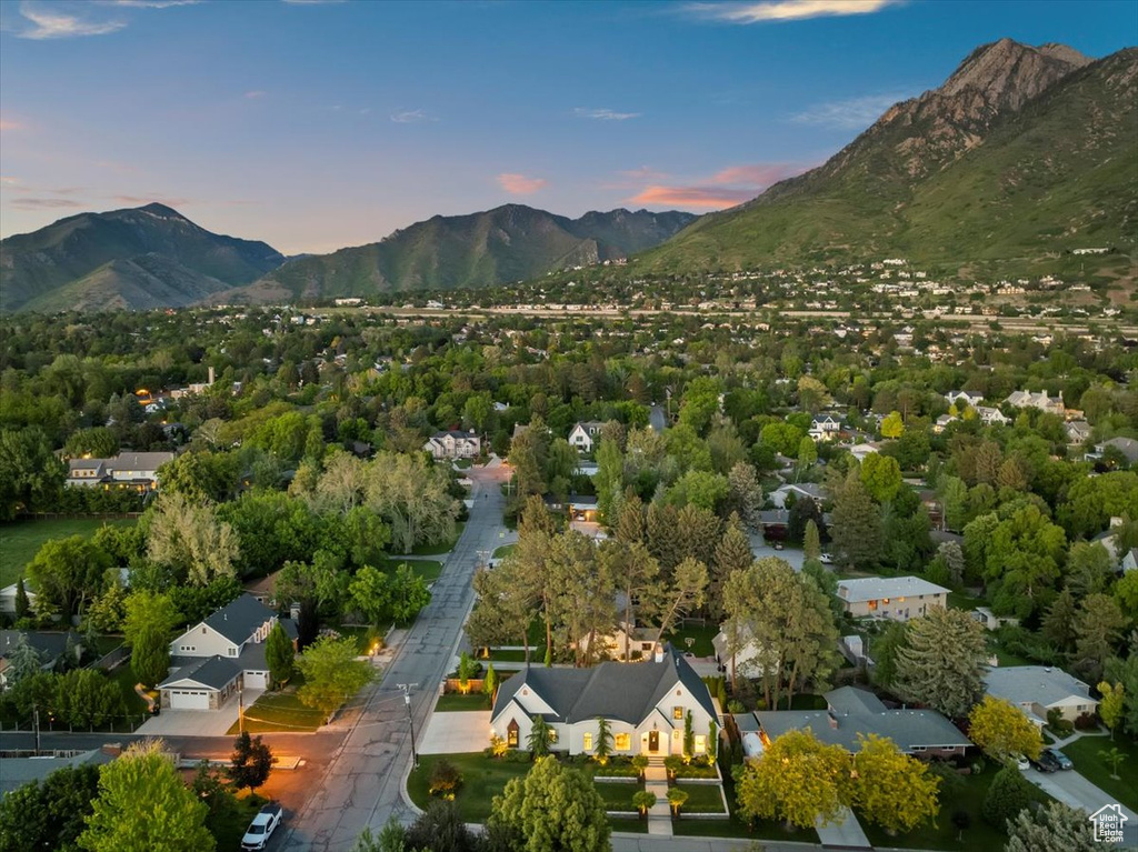 Aerial view at dusk of a mountain view