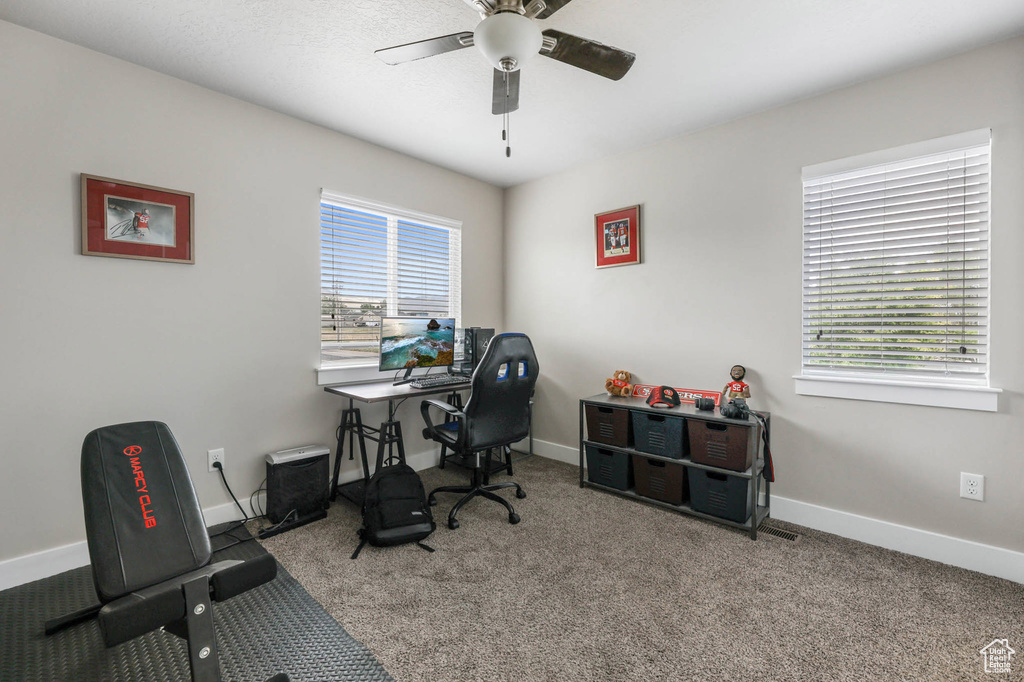 Carpeted home office featuring ceiling fan, plenty of natural light, and baseboards