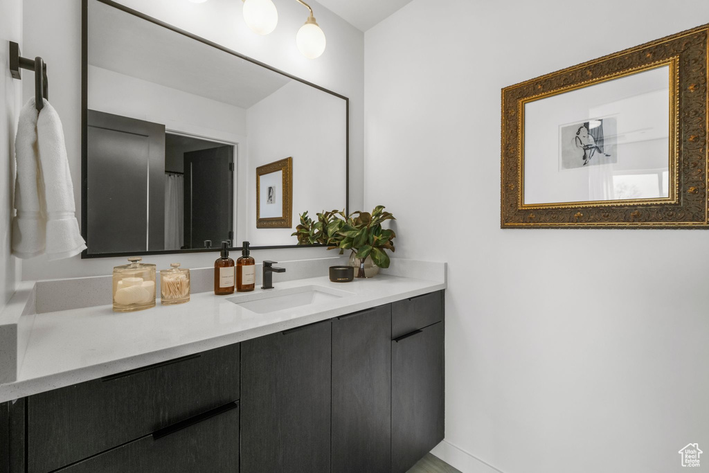 Full bathroom with vanity and a shower with curtain