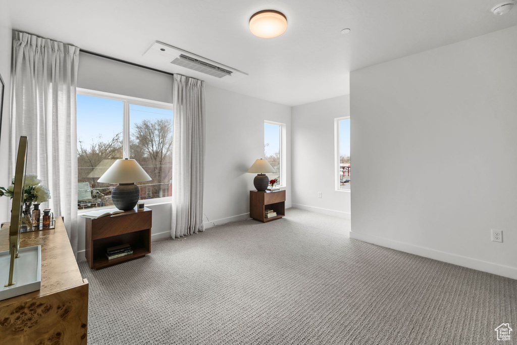 Sitting room featuring carpet flooring, healthy amount of natural light, and baseboards
