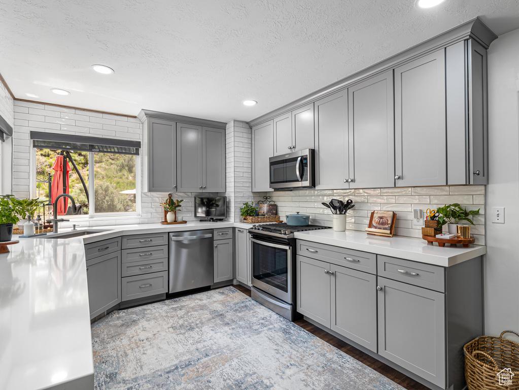 Kitchen with gray cabinets, appliances with stainless steel finishes, a sink, tasteful backsplash, and recessed lighting