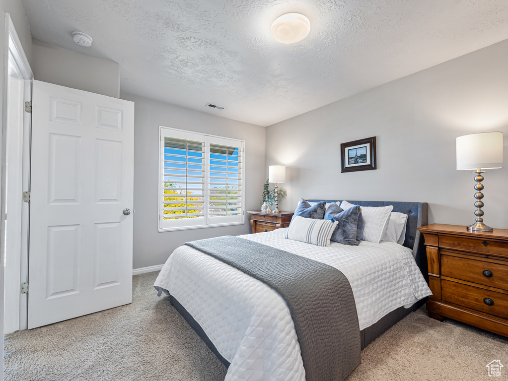 Bedroom featuring carpet flooring, a textured ceiling, and baseboards
