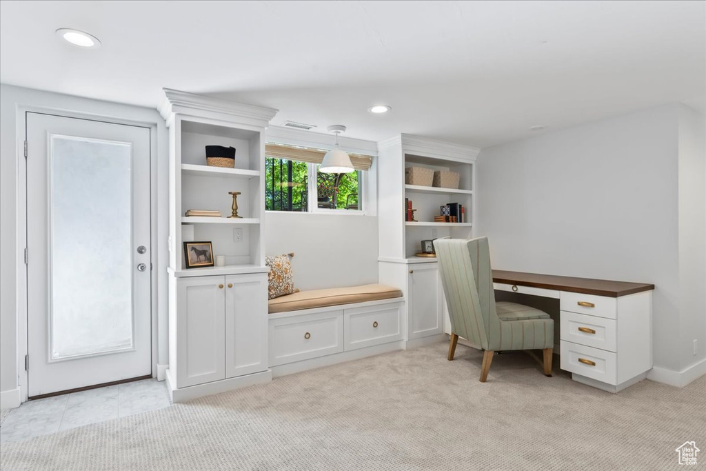 Office with recessed lighting, light colored carpet, and baseboards