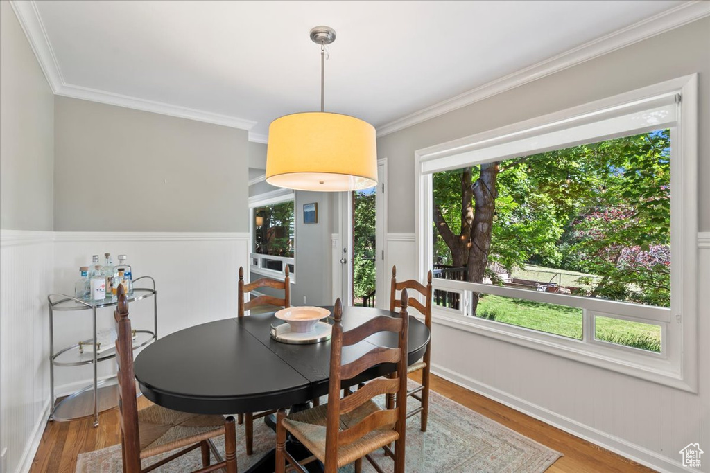 Dining room featuring wood finished floors and ornamental molding