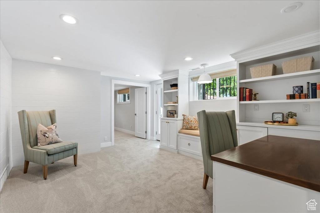 Office with light colored carpet, recessed lighting, and baseboards