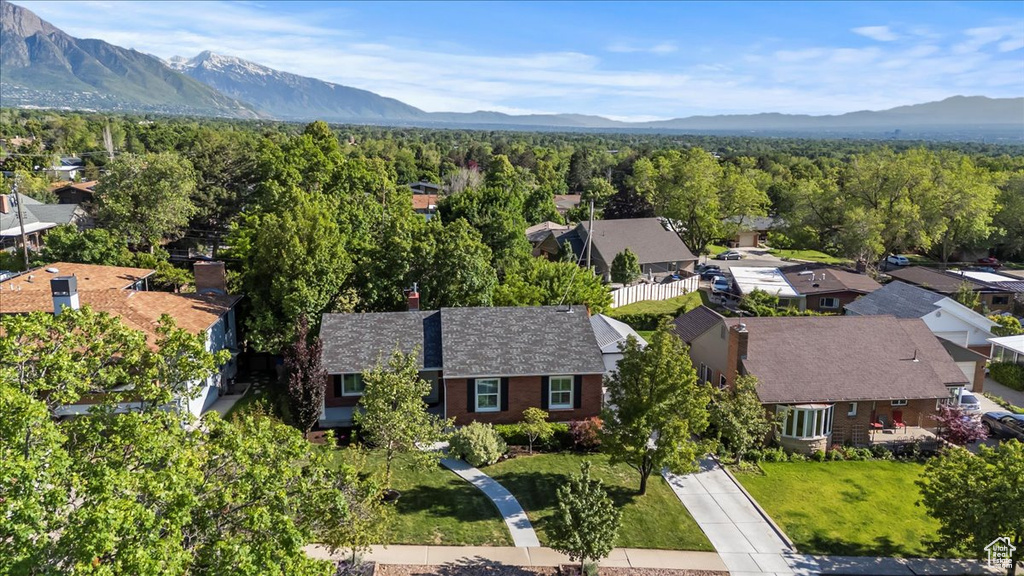 Aerial perspective of suburban area with a mountain backdrop and a forest