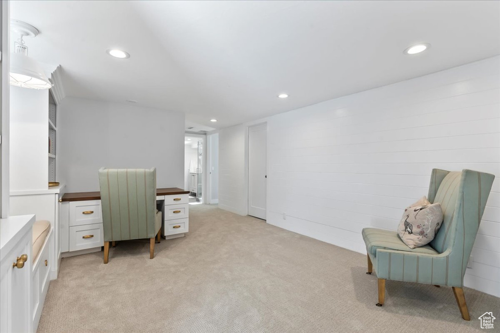 Office space featuring light carpet and recessed lighting