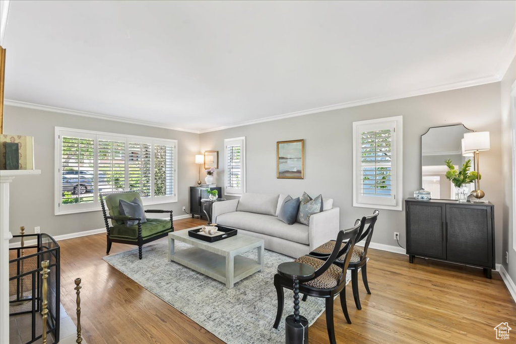 Living room with ornamental molding, wood finished floors, and baseboards