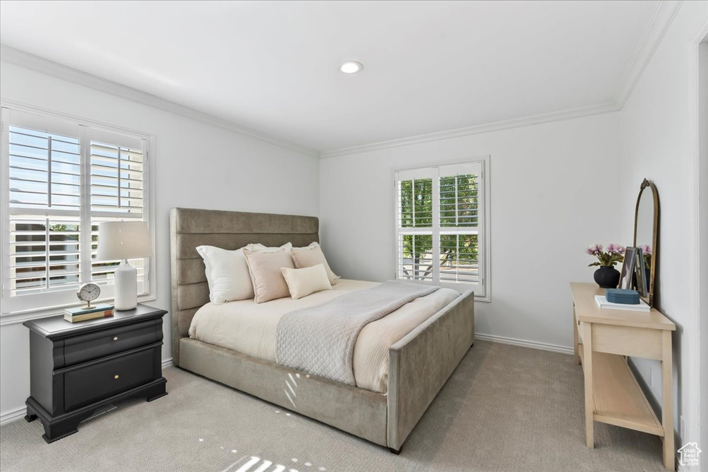 Bedroom featuring crown molding, carpet, baseboards, and recessed lighting