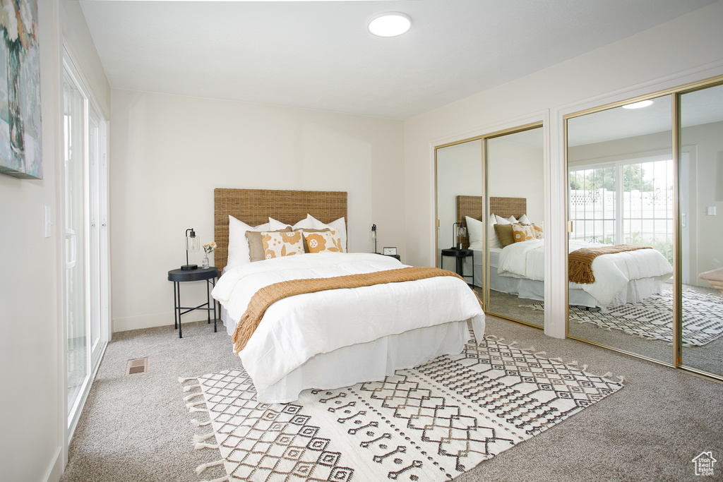 Carpeted bedroom featuring multiple closets