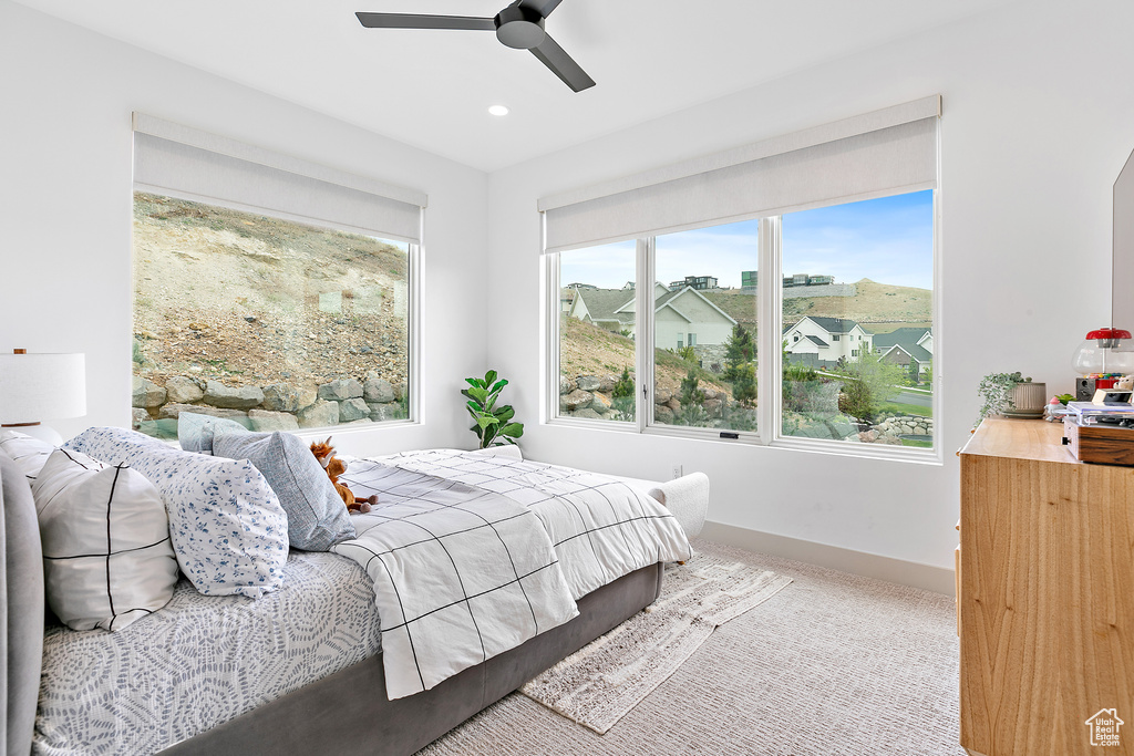 Bedroom with carpet, recessed lighting, a ceiling fan, and baseboards
