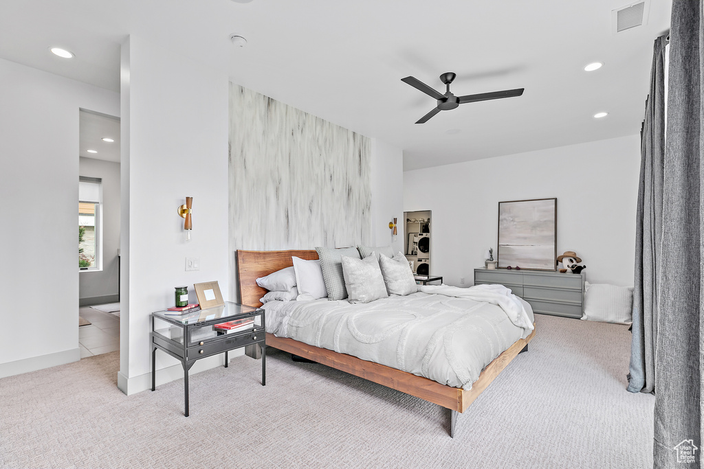 Bedroom with carpet floors, recessed lighting, and a ceiling fan