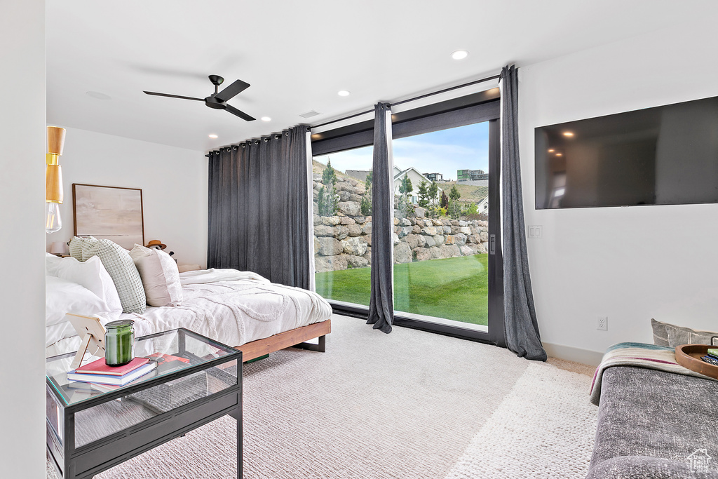 Bedroom with access to exterior, carpet, a ceiling fan, and recessed lighting