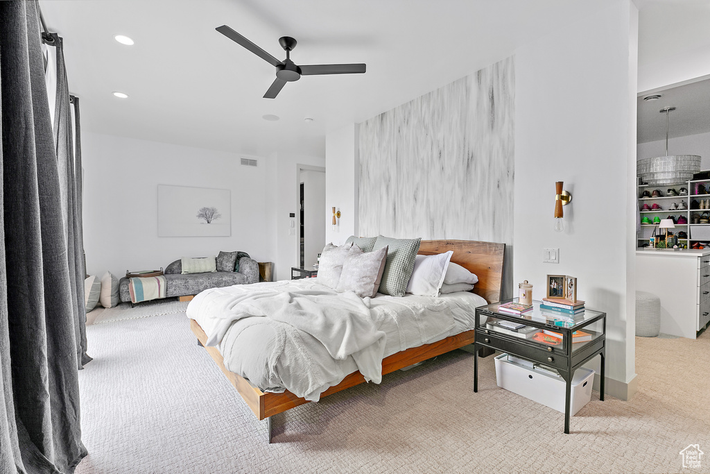 Bedroom with carpet flooring, recessed lighting, and ceiling fan
