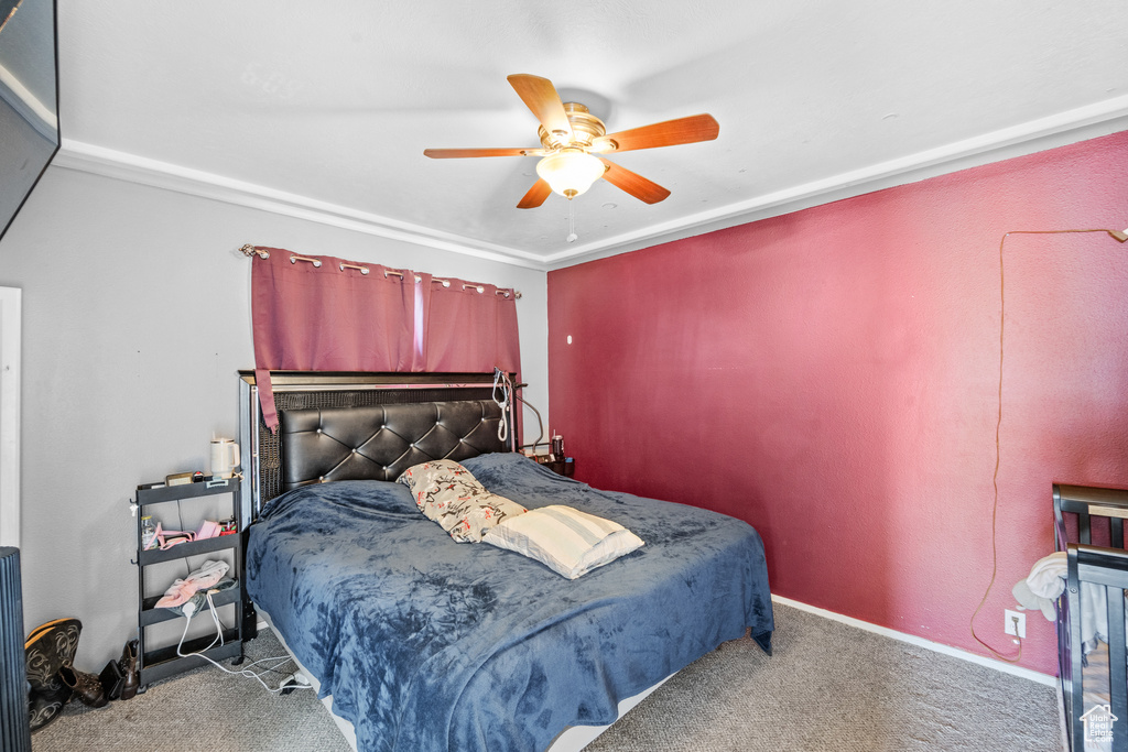 Bedroom featuring carpet, a ceiling fan, and baseboards