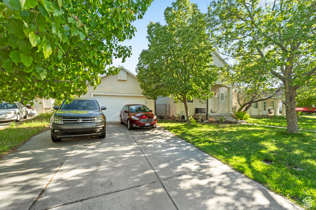 View of property hidden behind natural elements with concrete driveway, a front lawn, stucco siding, and a garage