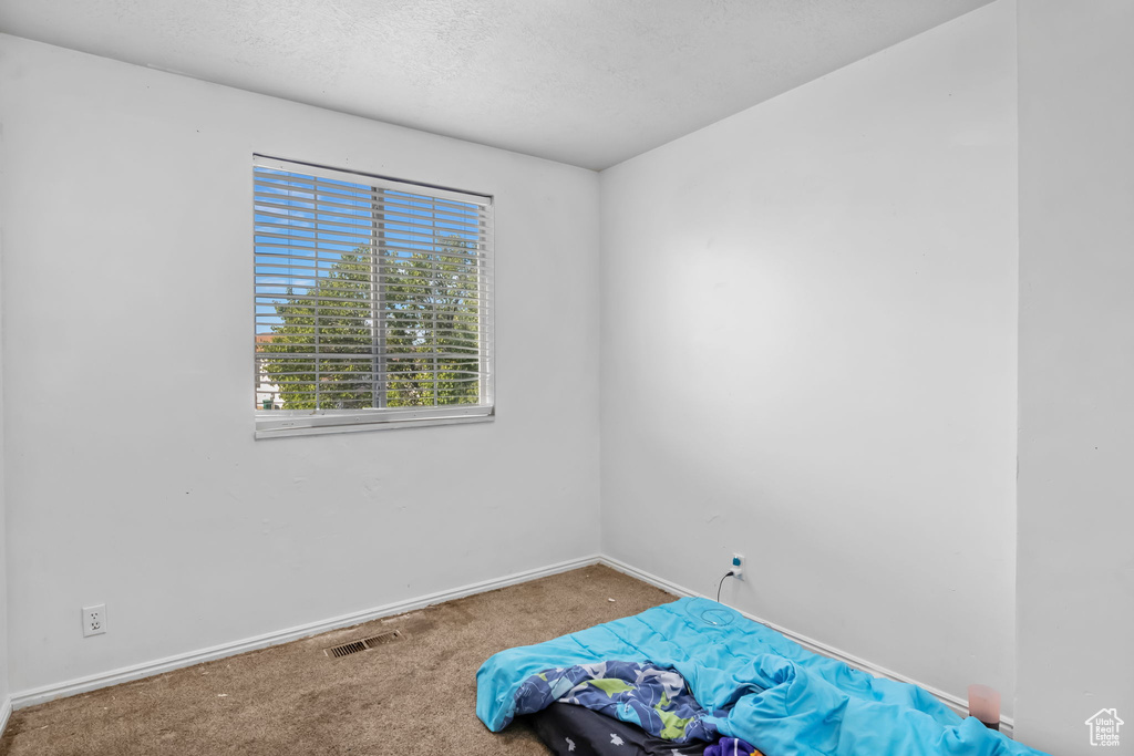 Unfurnished bedroom featuring carpet flooring, baseboards, and a textured ceiling