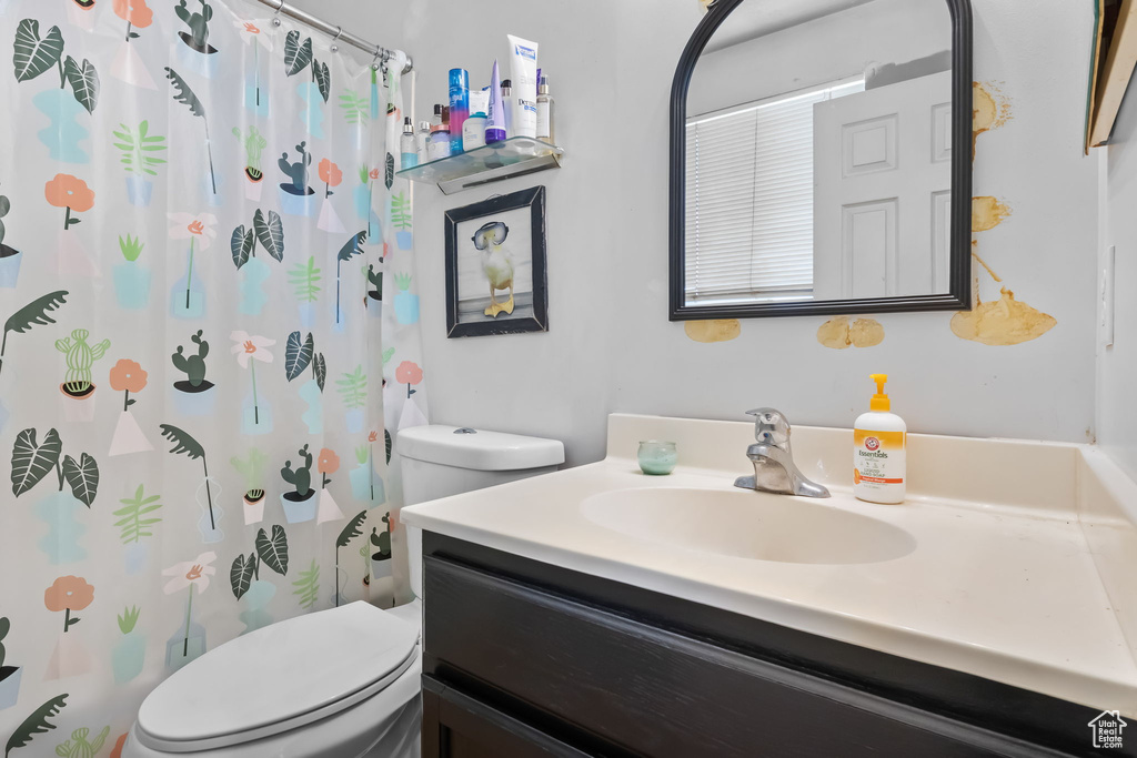 Bathroom featuring vanity, toilet, and curtained shower