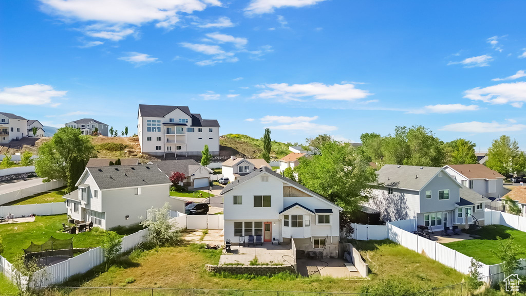 Back of property featuring a residential view, a patio area, and a fenced backyard