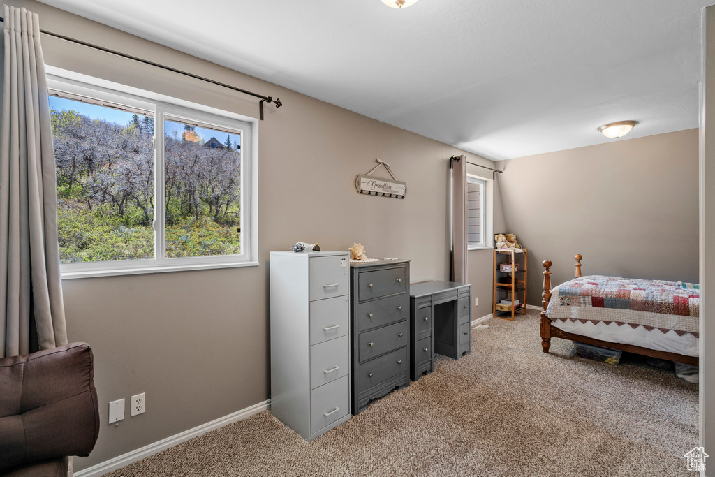Bedroom featuring light carpet, multiple windows, and baseboards