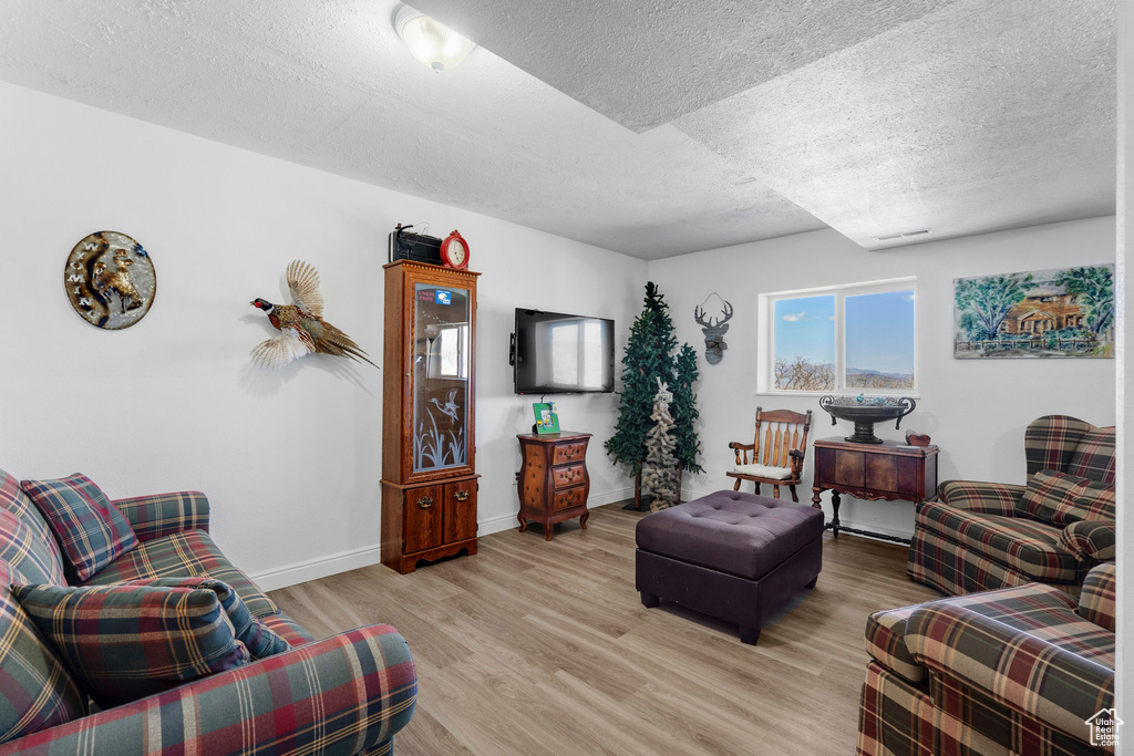Living area featuring a textured ceiling, light wood-style floors, and baseboards