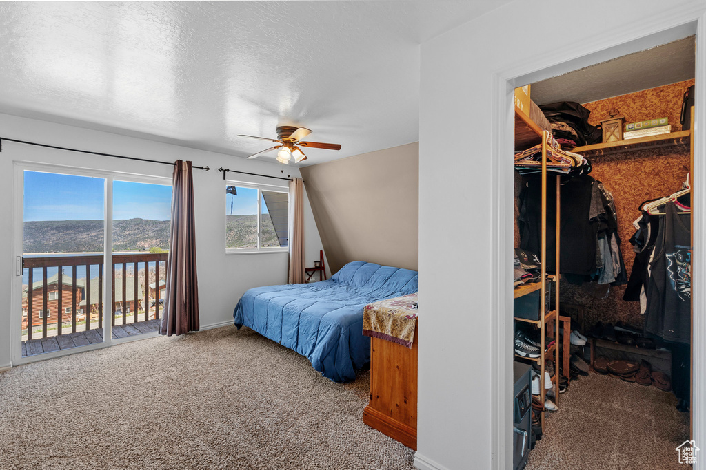 Carpeted bedroom with access to exterior, a walk in closet, baseboards, a closet, and a ceiling fan