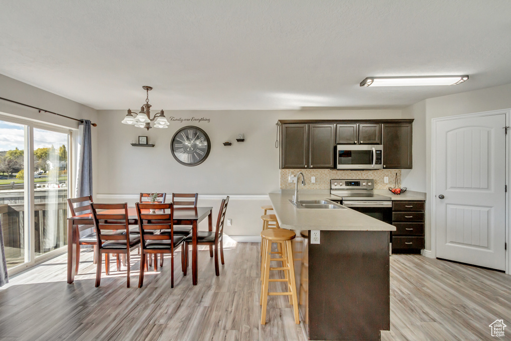 Kitchen with stainless steel appliances, a sink, a chandelier, dark brown cabinets, and light wood-style flooring