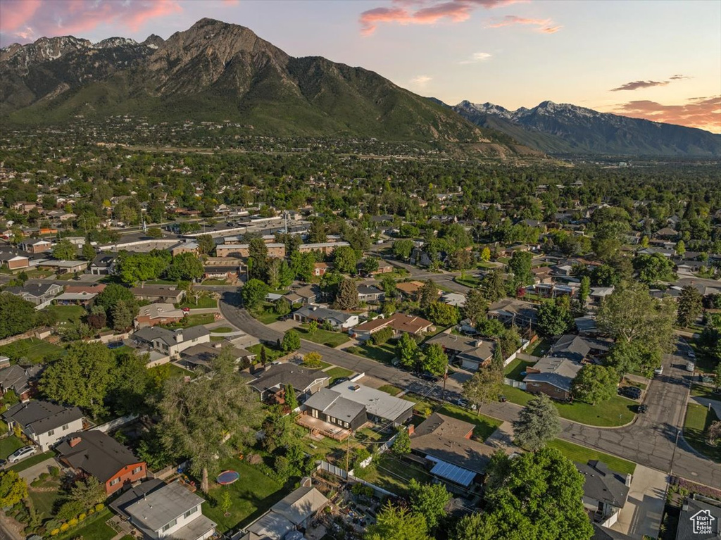 Aerial view at dusk of a mountain view