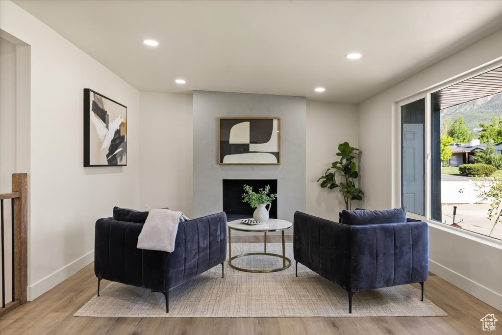 Living room featuring a fireplace, recessed lighting, baseboards, and wood finished floors