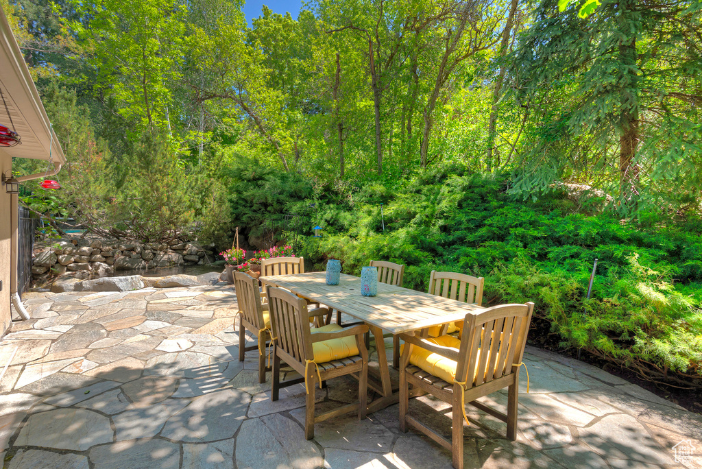 View of patio with outdoor dining area