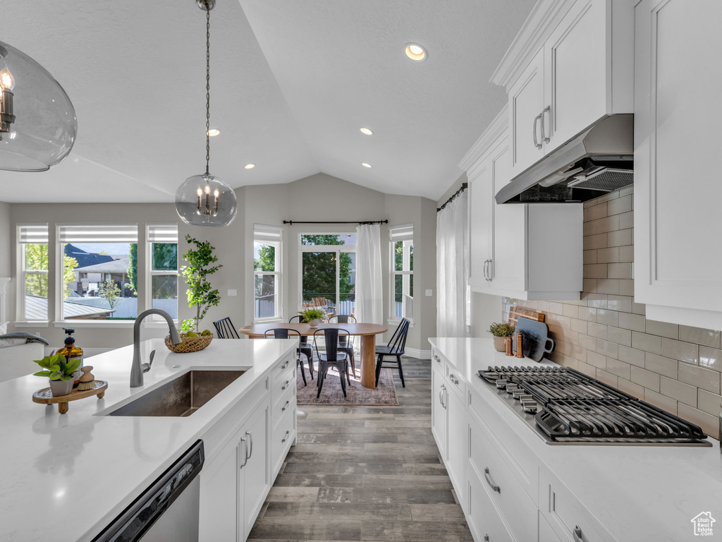 Kitchen with a sink, under cabinet range hood, stainless steel appliances, vaulted ceiling, and plenty of natural light