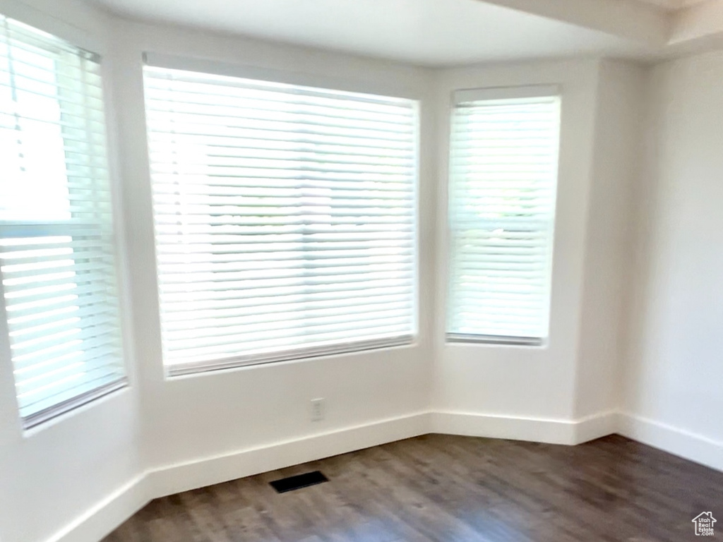 Unfurnished room featuring baseboards, dark wood-type flooring, and plenty of natural light