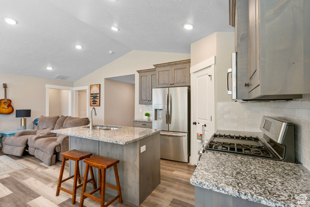 Kitchen with appliances with stainless steel finishes, a sink, open floor plan, light wood-style floors, and vaulted ceiling